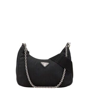 Prada logo triangular shoulder nylon bag plaque pouch pochette black